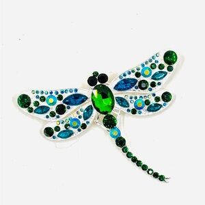 Silver Tone Large Blue & Green Rhinestone Dragonfly Brooch 3”X4”